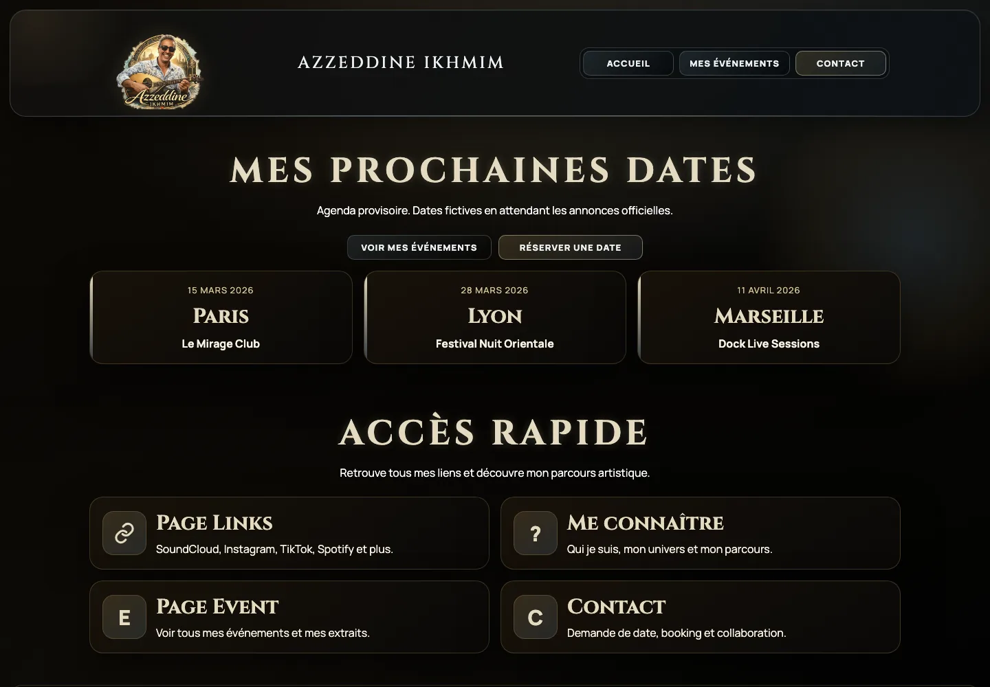 Site d'artiste sombre et doré : prochaines dates et accès rapide