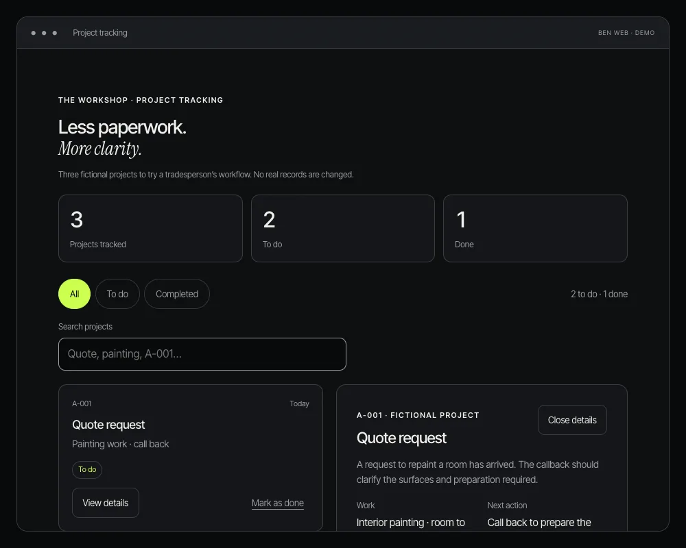 Screenshot of the tradesperson app: projects and detailed tracking