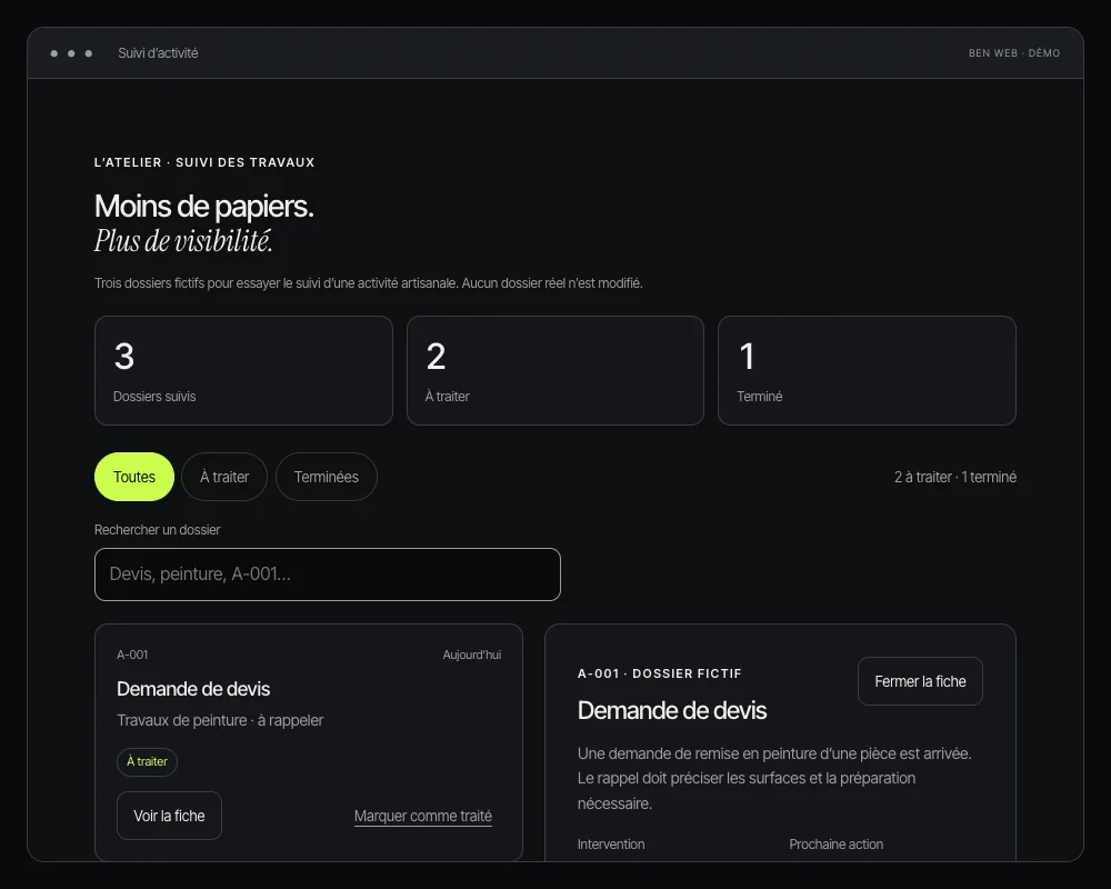 Capture de l’application artisan : dossiers et fiche de suivi