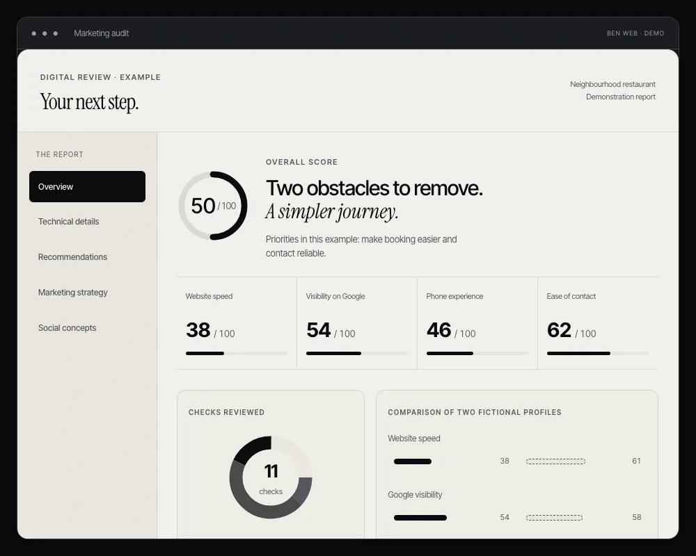 Screenshot of the audit report: summary, scores and illustrative charts