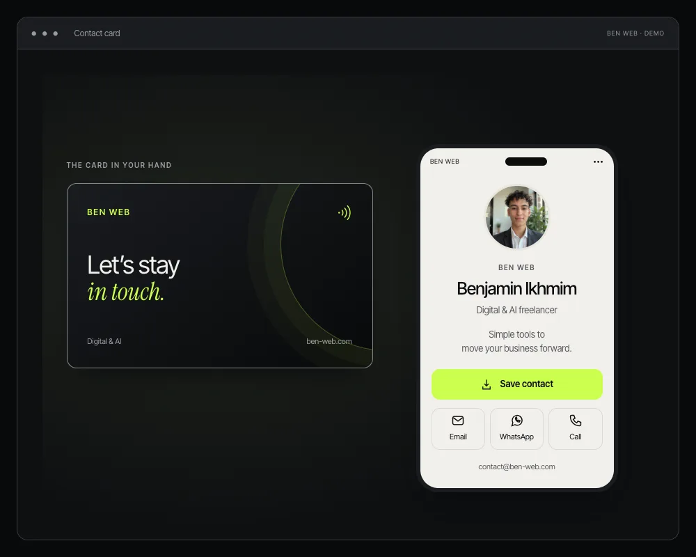 Screenshot of the NFC card and its contact profile on a phone