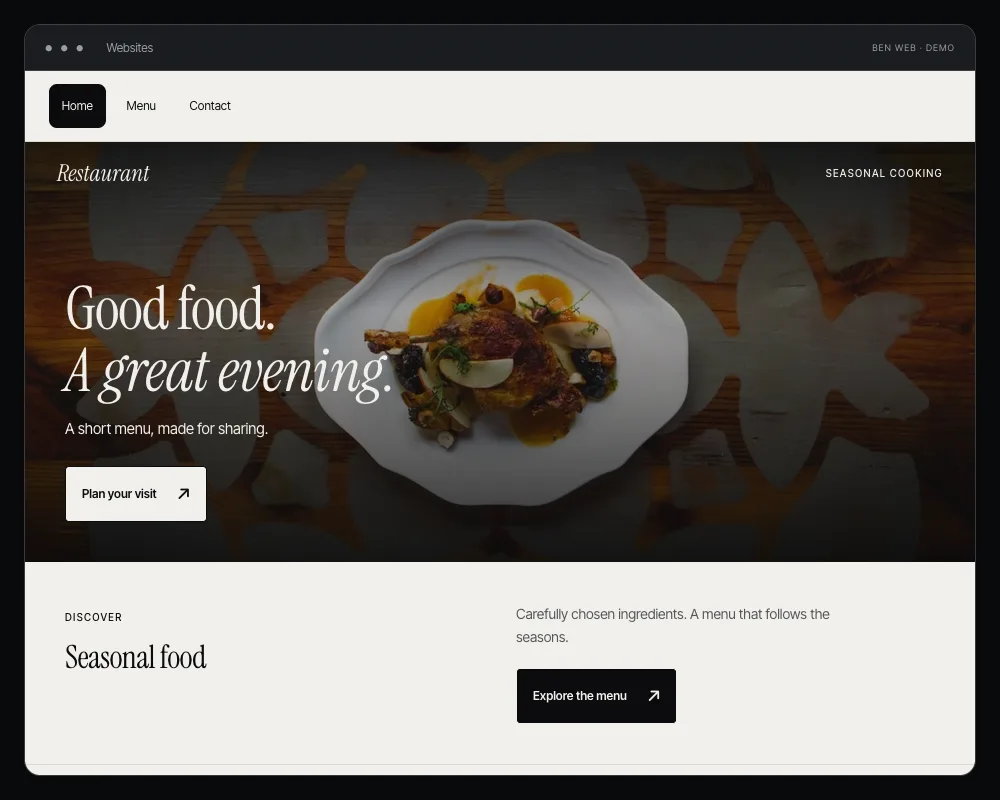 Screenshot of the restaurant website demo and its navigable pages