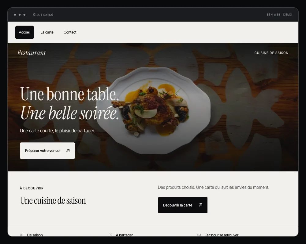 Capture de la maquette de site restaurant, avec ses pages navigables