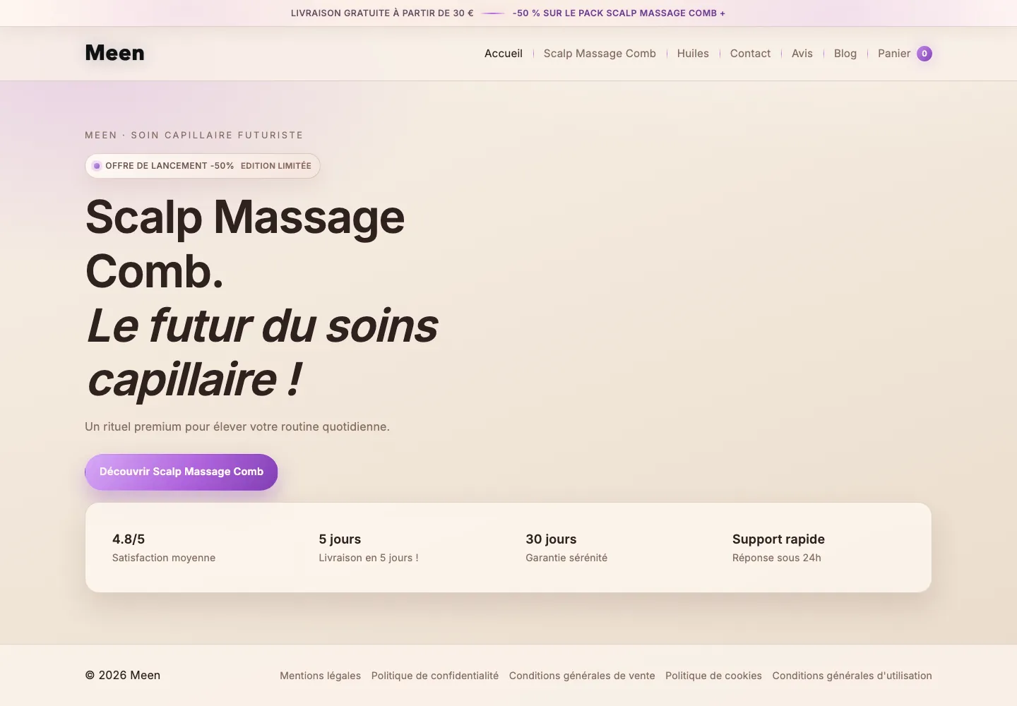 Page d'accueil de la boutique Meen : hero produit et bandeau de réassurance